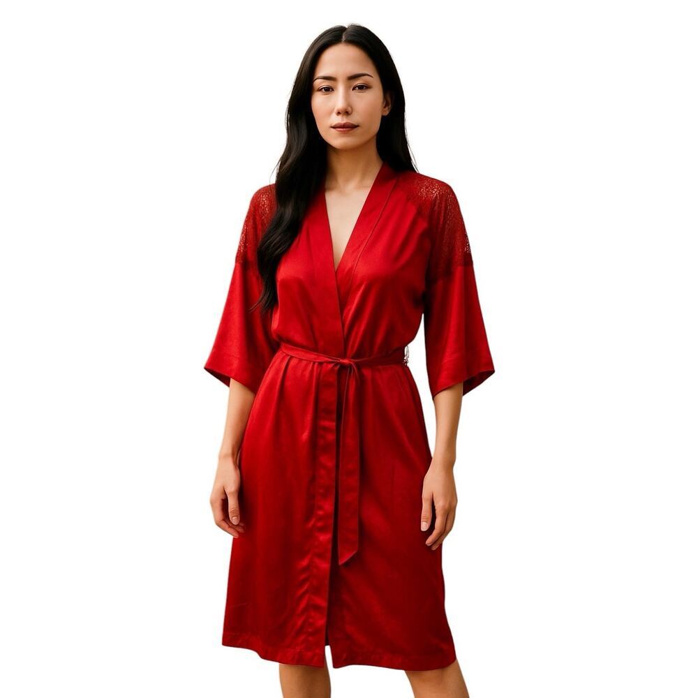 Victoria’s Secret Red Satin Lace Shoulder Short Robe Size Med/large